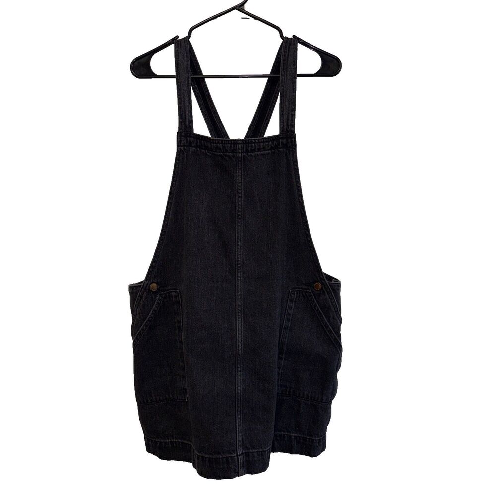 Universal Thread Black Denim Overall Mini Dress L Pockets Straps Cotton Bibs